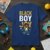 Black Boy Joy text with a cartoon of a joyful Black boy dancing, wearing headphones and a backpack, on a