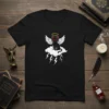 Black cat with white wings and gold halo sitting on a cloud with lightning bolts, Black Cat Angel t-shirt design