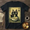 Black Cat Eating Ramen eye-catching graphic design printed on comfortable cotton t-shirt