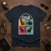 Black Cat Gang T-Shirt featuring four stylized black cats with names like "Electric Jimmy" and "The Brain Carlos"