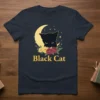 Black Cat T-Shirt with crescent moon, flowers, and stars. Features the text "Black Cat" in yellow font
