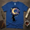 Black Cat Moon Stars detailed graphic design printed on comfortable cotton t-shirt