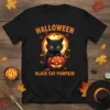 Black Cat Pumpkin Halloween bold graphic design printed on comfortable cotton t-shirt