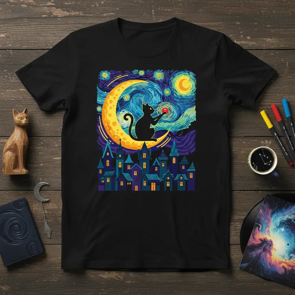 Black Cat Starry Night unique artwork printed on durable material creating a standout t-shirt