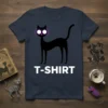 Black cat graphic with glowing purple eyes and the word "T-SHIRT" in white text on a navy blue t-shirt