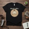 Black Coffee Clear Mind t-shirt with a steaming coffee cup over an open book graphic