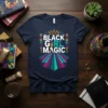 Black Girl Magic quote t-shirt with colorful geometric borders and a crown graphic