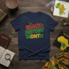 Black History Month text design in red, green, and yellow on a navy t-shirt, celebrating African American heritage