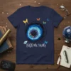 Black Hole Theory T-Shirt design featuring a swirling vortex of stars and galaxies surrounded by colorful butterflies