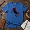Black horse rearing with fiery red mane and tail on a blue t-shirt, primary keyword Black Horse Rearing