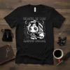 Black t-shirt with "Black Is My Happy Color" text, featuring a cute goth unicorn and a small skull graphic