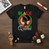 Black Juneteenth Queen t-shirt design featuring colorful text and a profile silhouette of a queen
