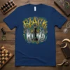 Black King chess piece graphic t-shirt with bold gold and green typography