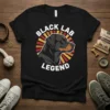 Black Lab Legend t-shirt design featuring a black Labrador's profile within a sunburst graphic