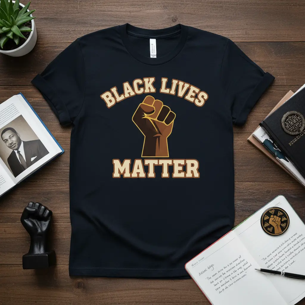 Black Lives Matter raised fist graphic t-shirt with bold text, representing social justice and equality
