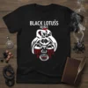 Black t-shirt with "BLACK LOTUS RISE" text above a white and red stylized face graphic, representing the Black Lotus Rise