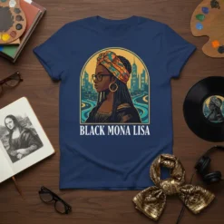 Black Mona Lisa text with a portrait of a woman in profile wearing a headwrap, against a city skyline backdrop