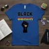 Black Proud text design with rainbow colors and a black fist graphic with a rainbow heart on a blue t-shirt