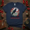 Black Raven Poppies Bloom T-Shirt design featuring a detailed black raven perched on a branch surrounded by red poppies within