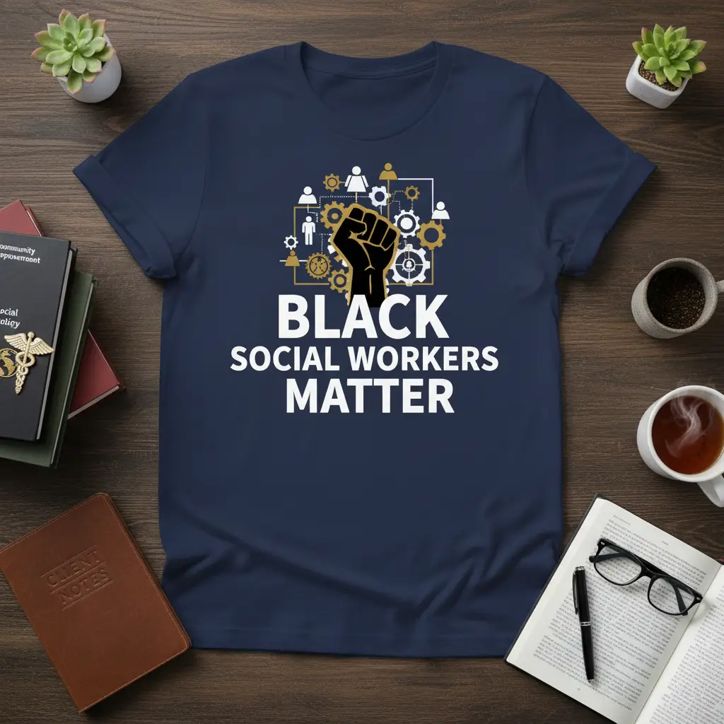 Black Social Workers Matter text and raised fist graphic on a navy blue t-shirt design
