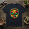 Black Strong King t-shirt with a lion head graphic in red, yellow, and green Rasta colors