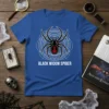 Black Widow Spider text and graphic t-shirt design with geometric pattern, dark blue shirt