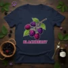 T-shirt featuring a stylized branch of ripe blackberries with the word BLACKBERRY below in bold pink lettering