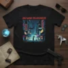 Black t-shirt with Blade Runner text logo and a rainy cyberpunk city scene graphic