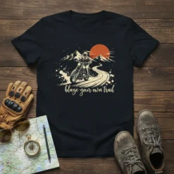 T-shirt with "blaze your own trail" text and a graphic of a motorcyclist riding on a mountain road at sunset