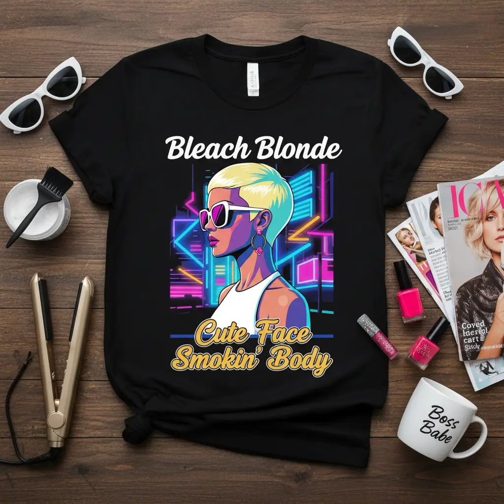 Bleach Blonde Cute Face Smokin' Body text with a woman's profile graphic, neon background, on a black tee