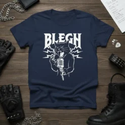 Blegh cat singing into a microphone, punk rock band style graphic on a navy t-shirt