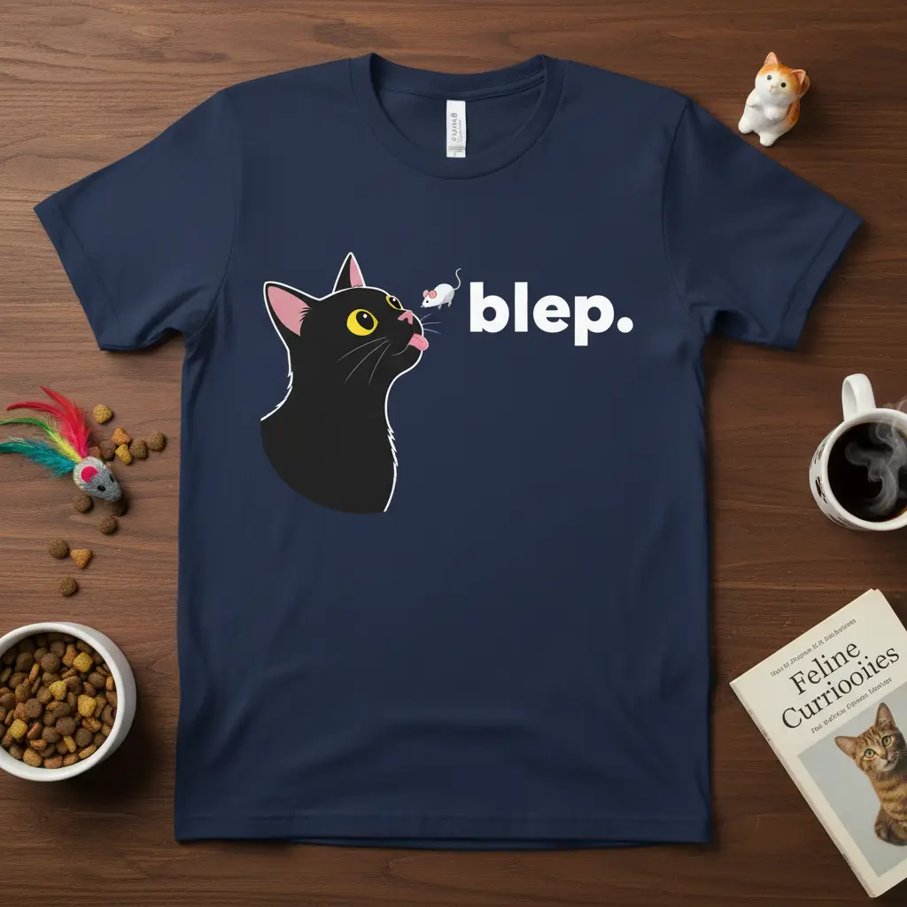 BleP. text and black cat with tongue out at mouse graphic on navy t-shirt