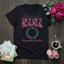 Blessed Mama My Greatest Adventure text with floral MAMA and laurel wreath graphic on black t-shirt
