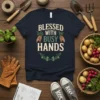 Blessed With Busy Hands gardening quote t-shirt featuring carrots and leafy vines design