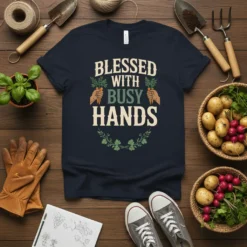 Blessed With Busy Hands gardening quote t-shirt featuring carrots and leafy vines design