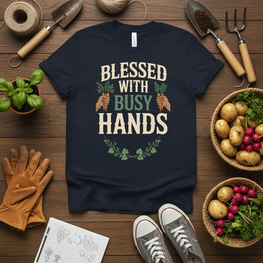 Blessed With Busy Hands quote t-shirt with carrots and decorative vines design