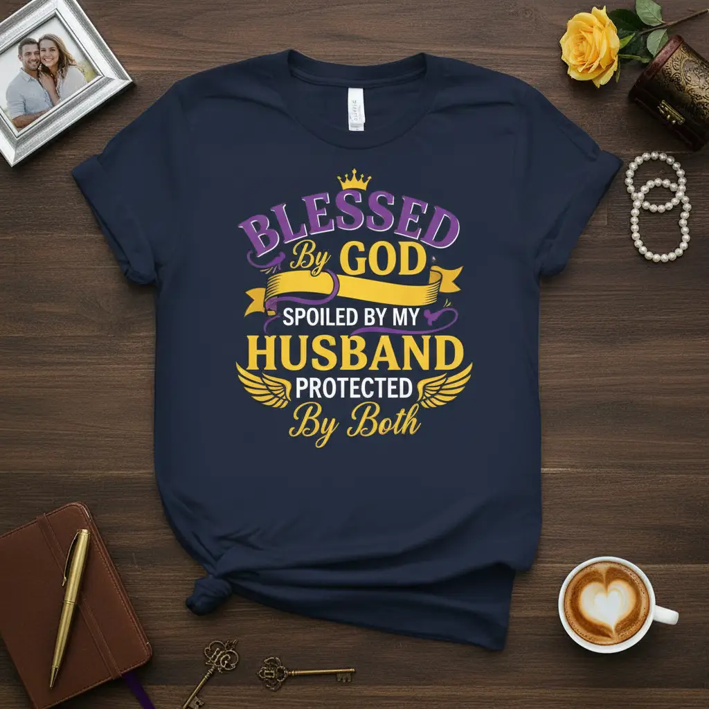 Blessed by God Spoiled by My Husband Protected by Both quote in purple and gold on a navy t-shirt