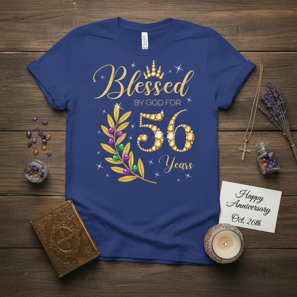 Blessed by God for 56 Years quote t-shirt with crown and jeweled laurel wreath graphic, celebrating a milestone year
