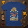 T-shirt design featuring Lord Hanuman in a dynamic pose with the text "Blessings of Hanuman" below, set against lotus flowers