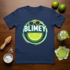 Navy t-shirt with "Blimey" text, sunglasses, and a glowing lime slice graphic