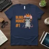Blind Mouse #1 text with a cartoon mouse wearing sunglasses and holding a white cane on a navy t-shirt