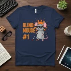 Blind Mouse #1 text with a cartoon mouse wearing sunglasses and holding a white cane on a navy t-shirt