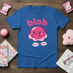 Blob UwU OwO t-shirt design featuring a pink blob character with "blob" text above and "UwU OwO" speech bubbles below