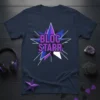 Navy blue t-shirt featuring the Bloc Starr text in purple and blue within a dynamic starburst graphic