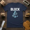 Navy t-shirt with the word BLOCK in white and a geometric illustration of stacked blocks