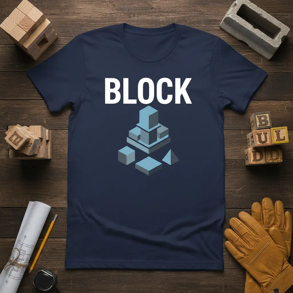Navy t-shirt displaying the word BLOCK and a graphic of stacked geometric building blocks