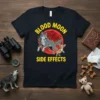 Black t-shirt with "Blood Moon Side Effects" text, a cartoon wolf, and a chihuahua under a red moon graphic