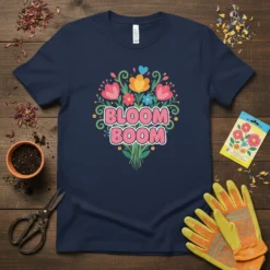 Navy t-shirt with the text "Bloom Boom" surrounded by a colorful bouquet of flowers, representing spring and gardening
