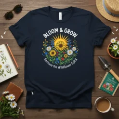 Bloom & Grow Embrace the Wildflower Spirit text with a central sunflower and daisy graphic on a navy t-shirt