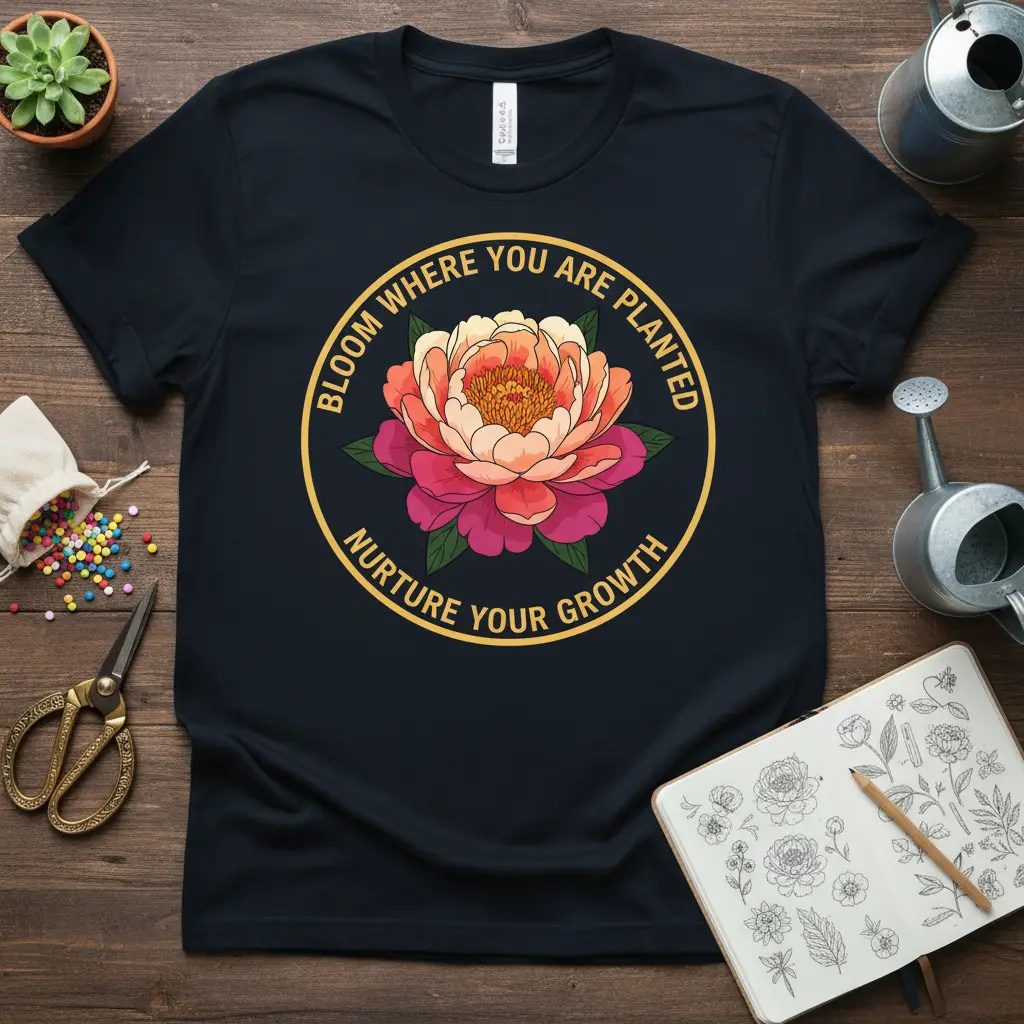 Bloom Where You Are Planted Nurture Your Growth quote design with a detailed peony graphic on a black t-shirt